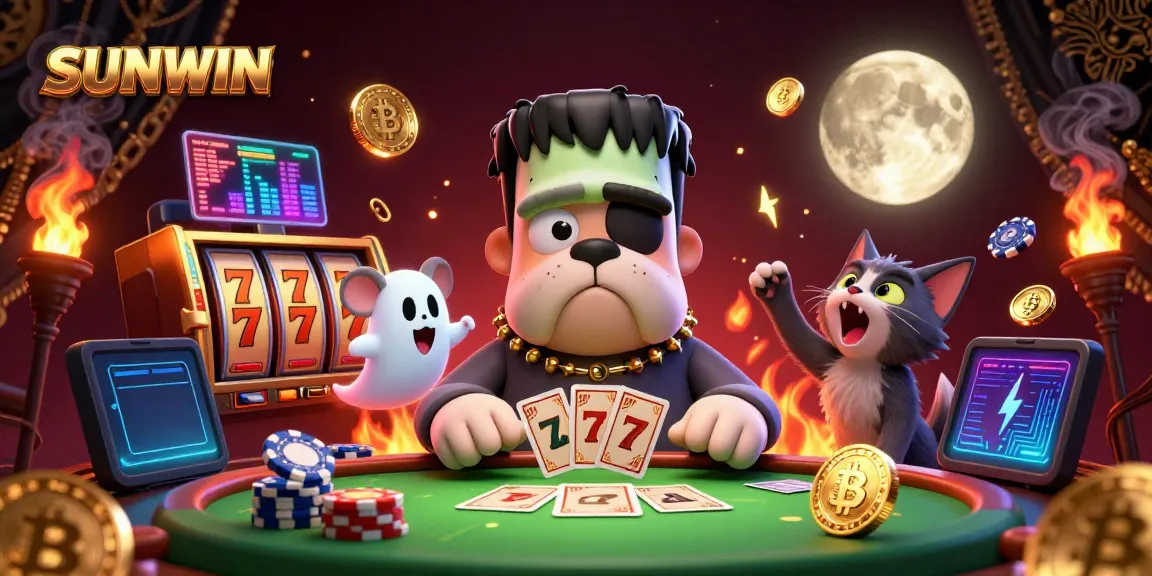 SUNWIN's vibrant casino scene with a cartoon bulldog dealer, neon coins, and a werewolf kitten.