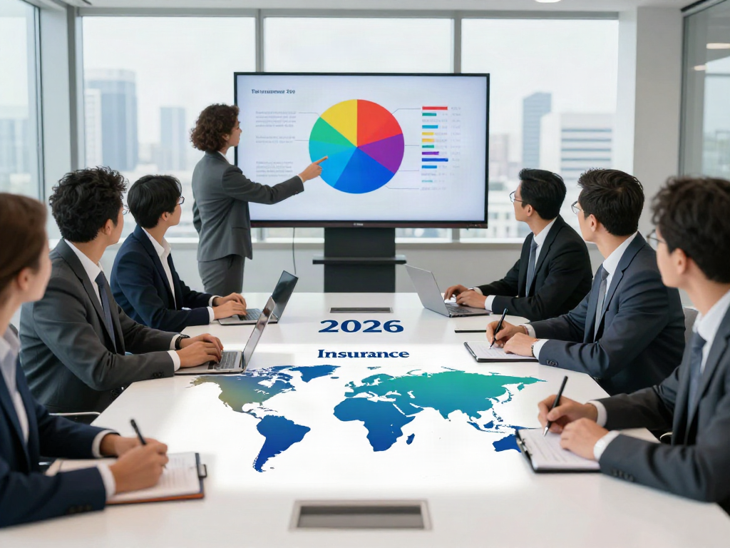 Executives discussing top insurance companies in the world by assets in a modern conference room.