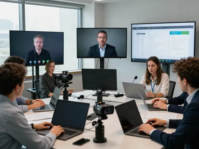 Group in a video conference focused on deepfake protected online video calls.