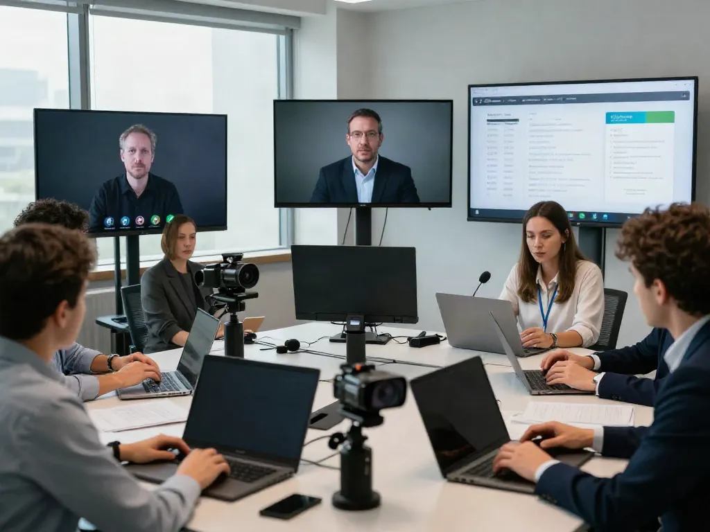 Group in a video conference focused on deepfake protected online video calls.