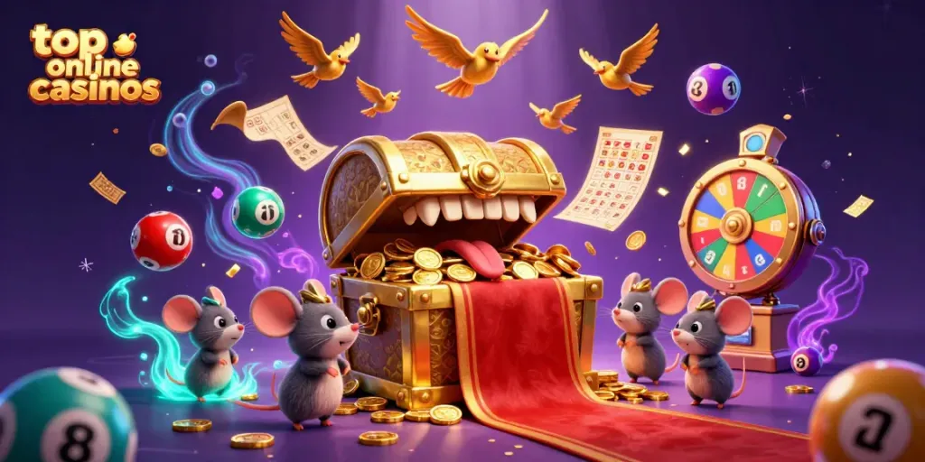 Engaging scene depicting the top online casinos theme with a treasure chest and playful elements of luck.