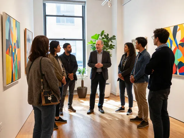 Bruce Bailey Toronto discusses vibrant art pieces in a lively gallery setting, showcasing community engagement.