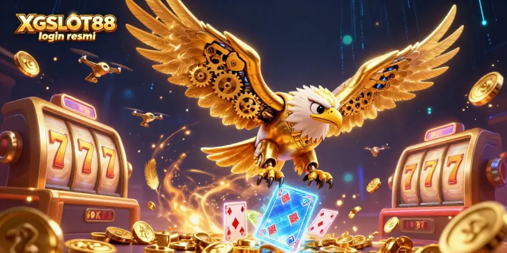 Visualisasi menarik dari XGSLOT88 login resmi dengan seekor elang cybernetik dan elemen kasino yang memikat.