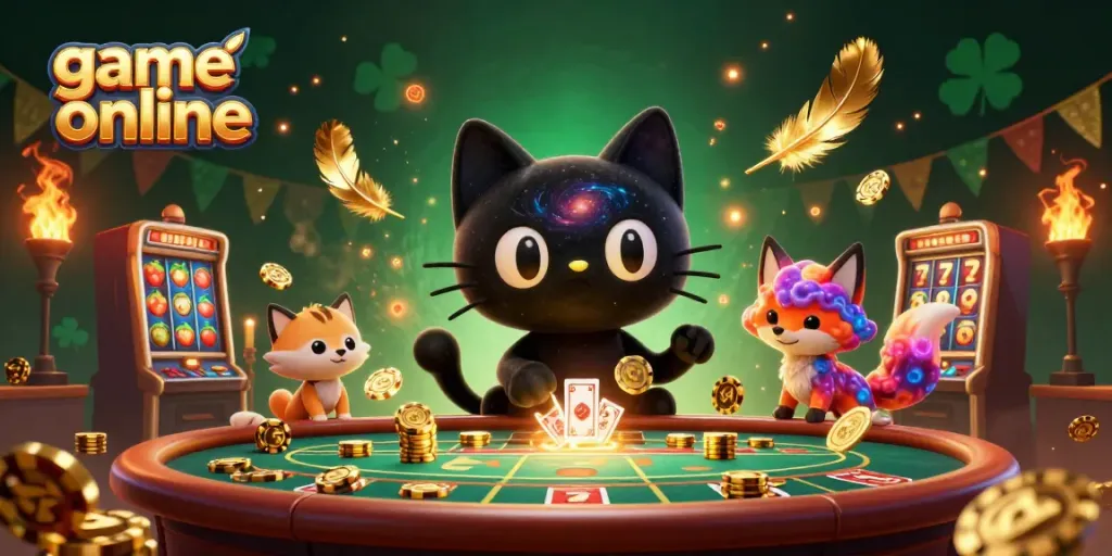 Experience thrilling gameplay with game online as a cartoon cat attracts winning chips at a cosmic casino.