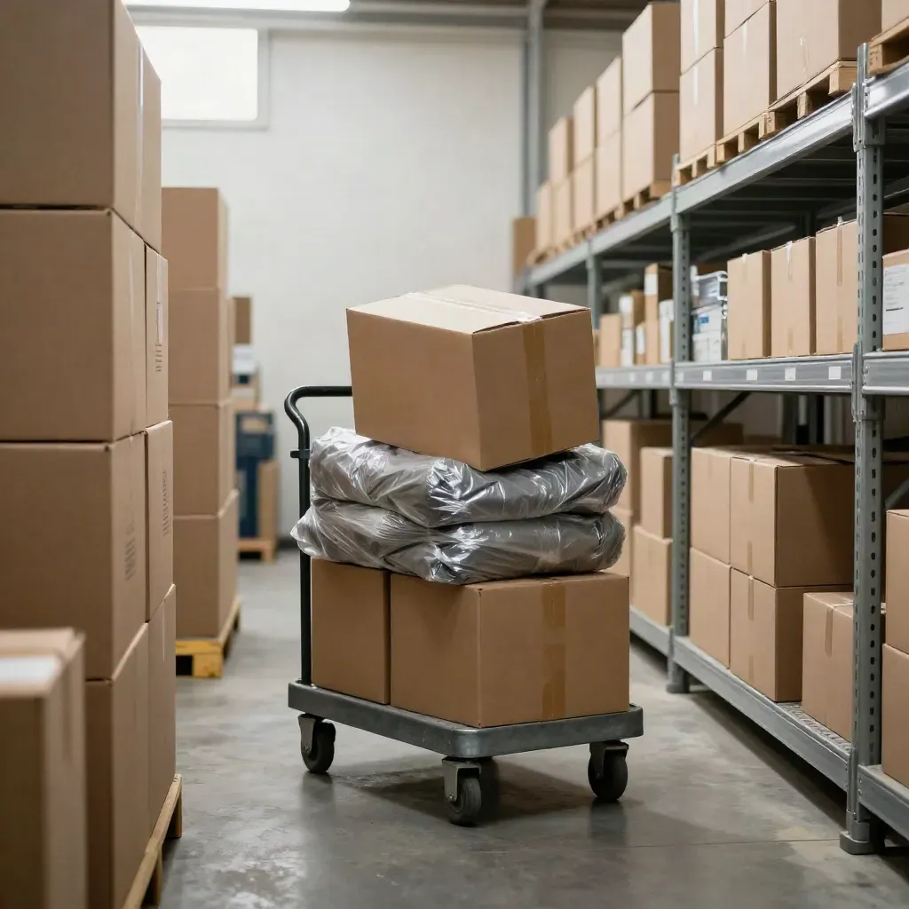 Warehouse aisle with stacked cartons, rolling cart, and reserve supplies for flexible credit lines.