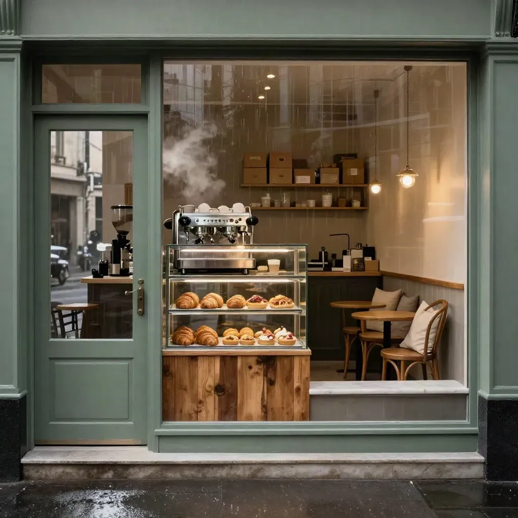 Rainy morning café interior with espresso machine, pastry case, cartons and warm wood light.