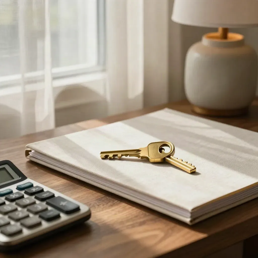 Macro of a refinance folder, house key, calculator, and lamp on a walnut side table by window light.