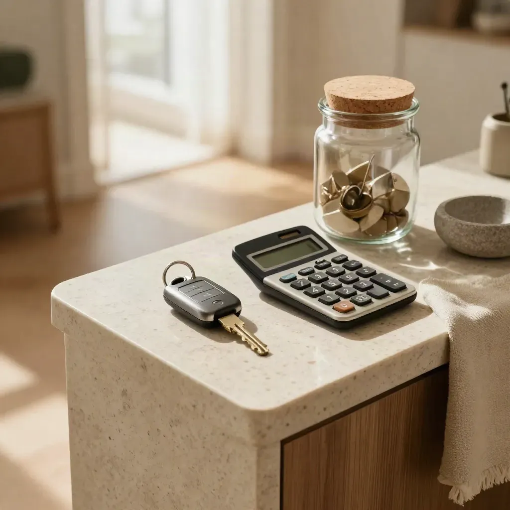 Keys, calculator, and savings jar on a warm entry console in soft morning light