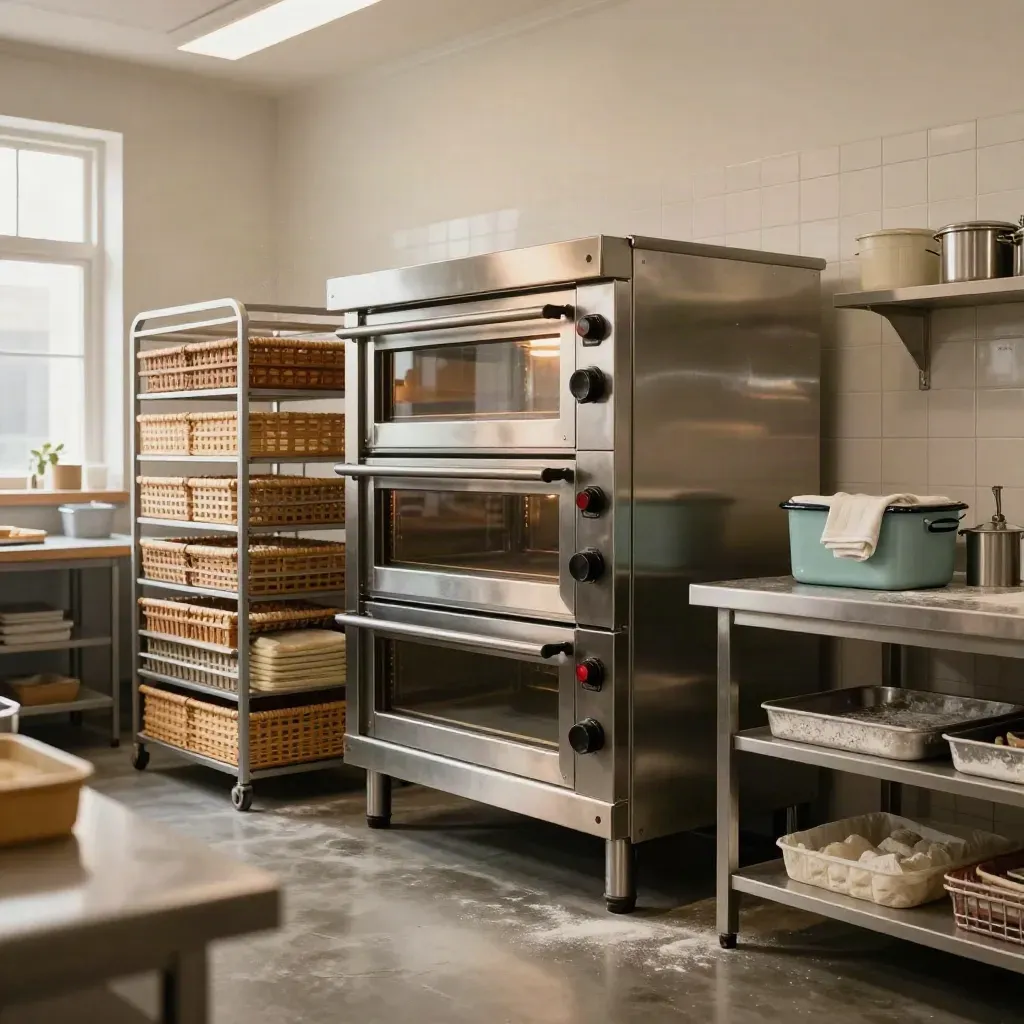 Financed bakery prep room with ovens, crates, proofing baskets, and teal accent