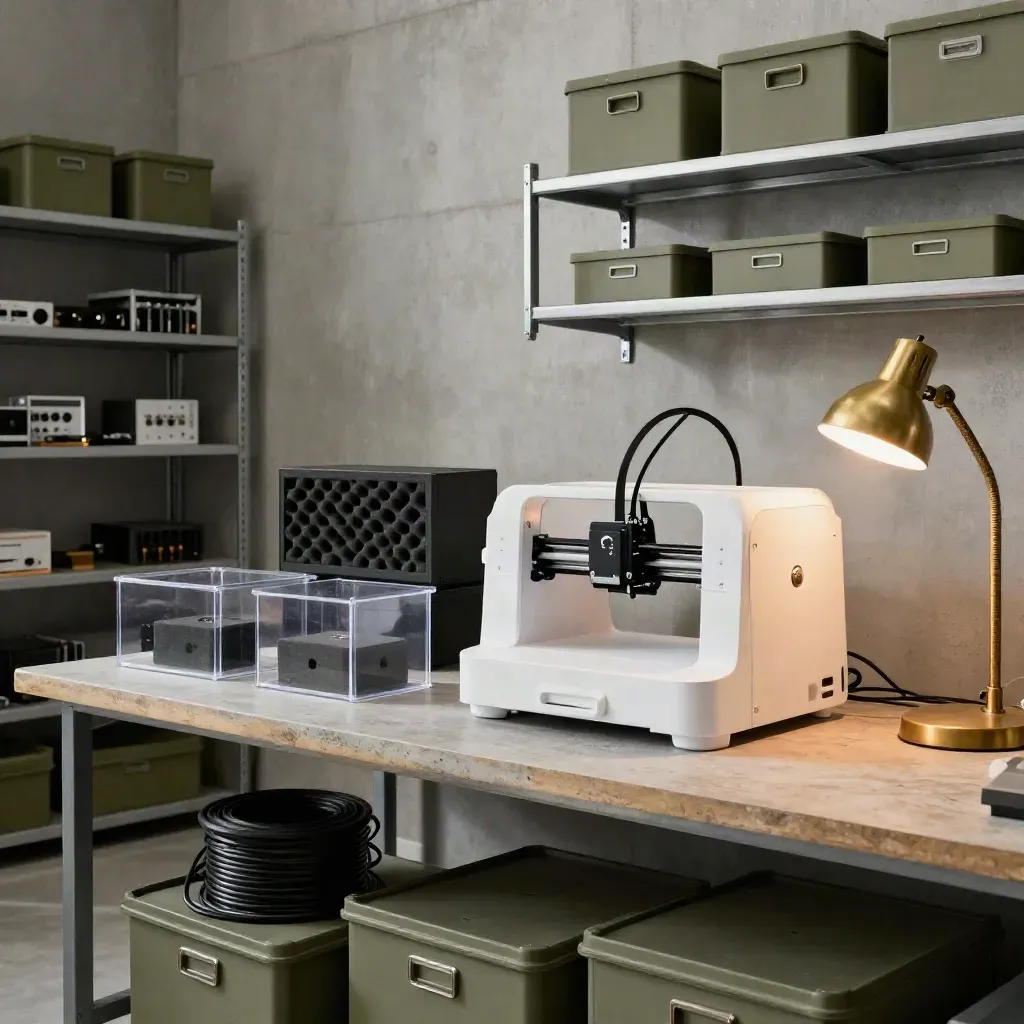 Startup workshop with a 3D printer, prototype boxes, hardware cases and task light on a bench.