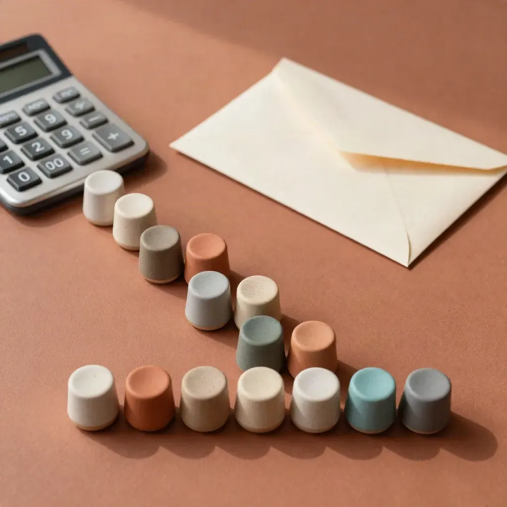 Top-down repayment plan with ceramic markers, calculator, and closed envelopes on terracotta.