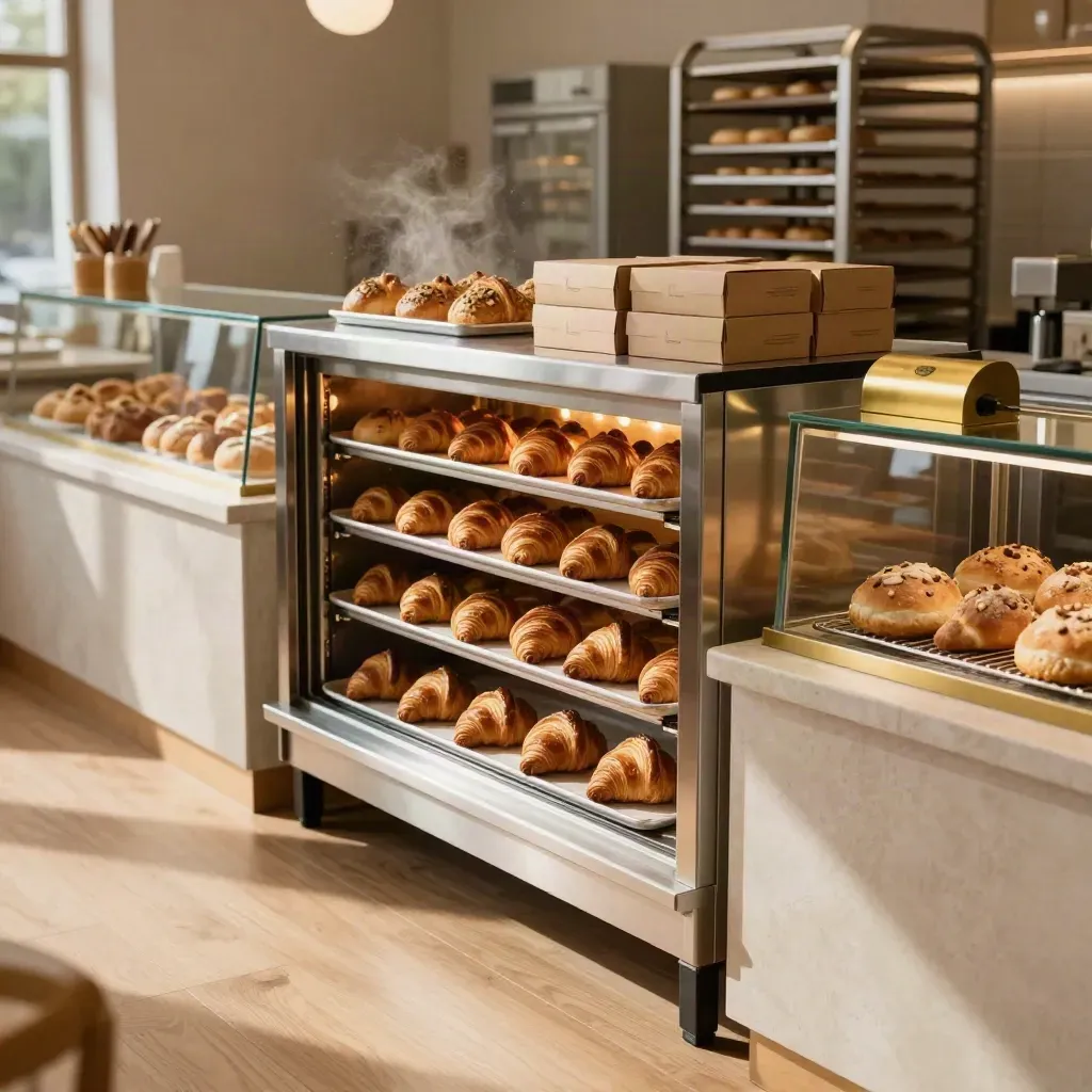 New bakery counter with glowing ovens, pastry trays, boxes, and a polished service case.