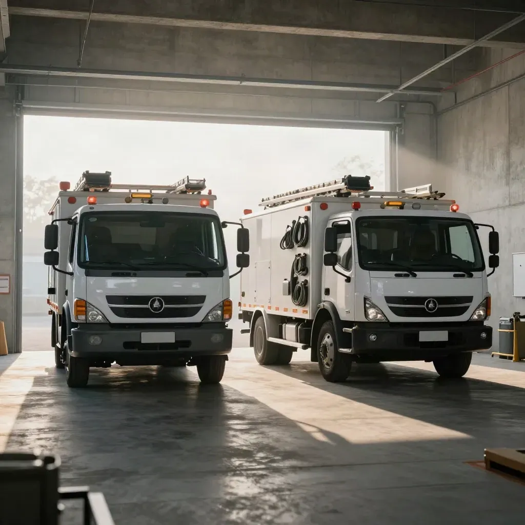 Two white service trucks in a misty garage bay, ladders and tool chests ready at dawn.
