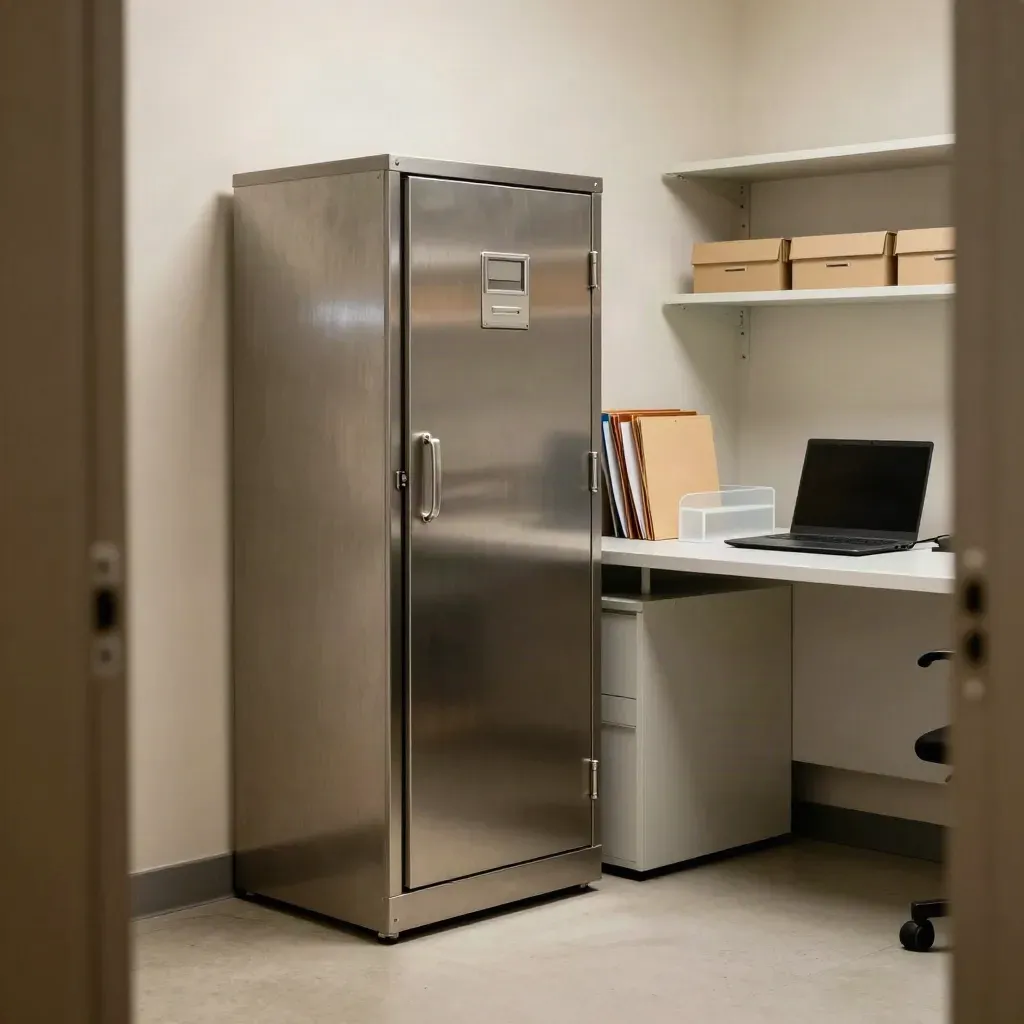 Quiet agency office with archive cabinet, tidy shelves, and a clean workstation in soft daylight.
