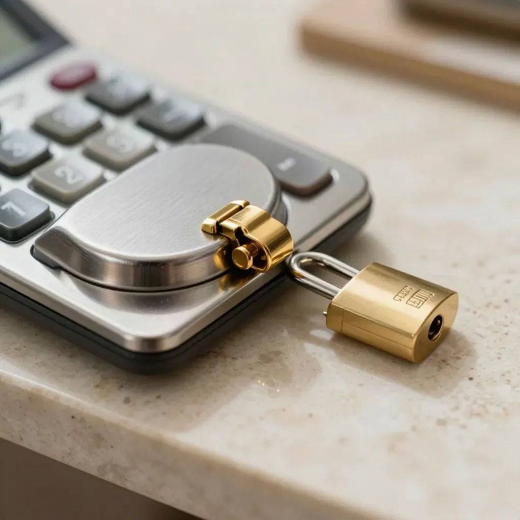 Macro of a calculator, secure key box and desk seal on travertine with gold rim light.