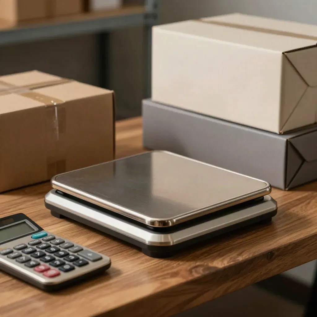 Macro still life of a parcel scale, calculator, and sample boxes on a walnut packing bench.
