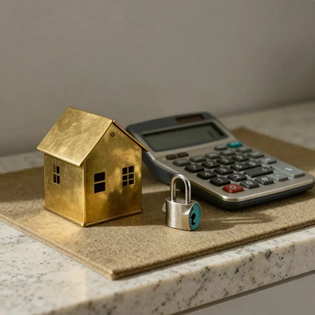 Brass house, mortgage calculator, and lock cylinder on a refinance workbench.
