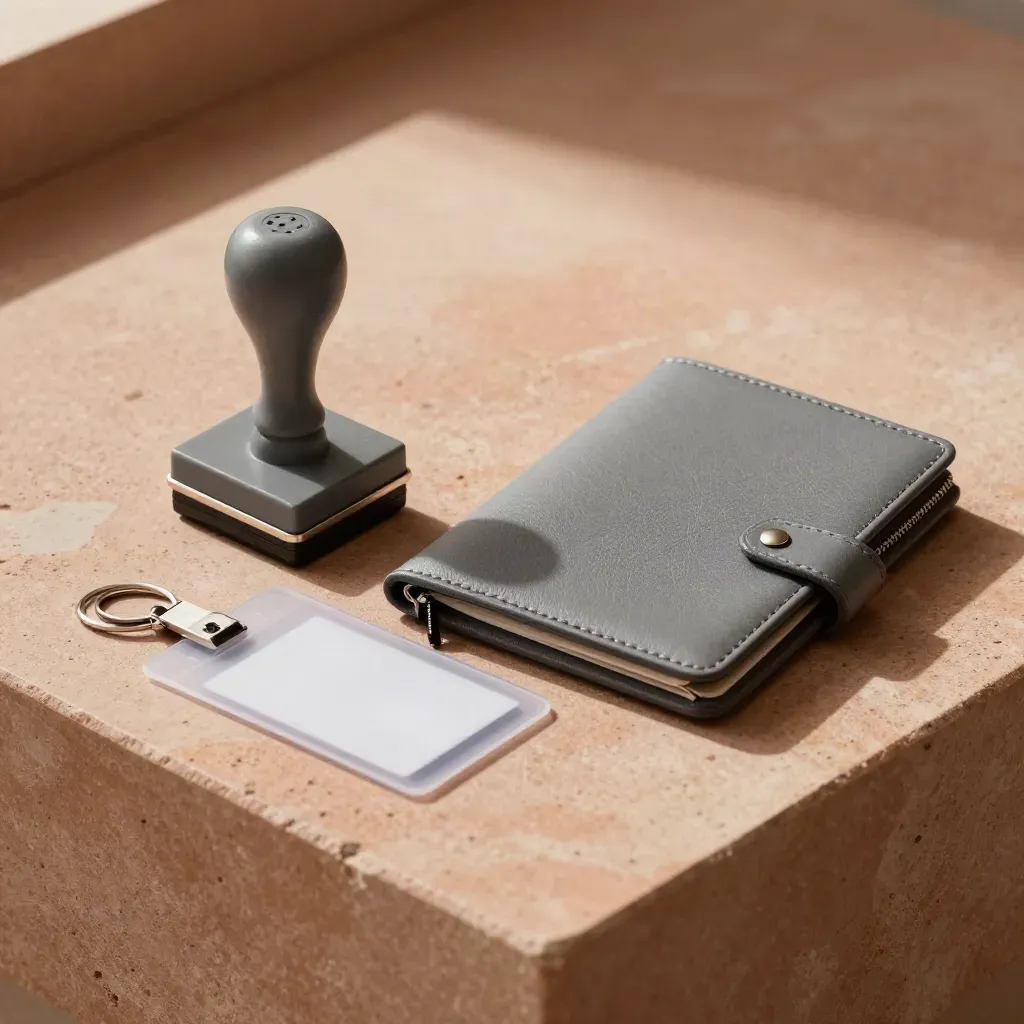 Approval stamp, portfolio case, ID sleeve and clip on a terracotta counter, top-down still life.