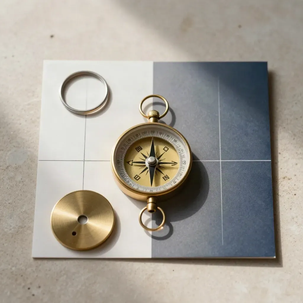 Brass compass, target disc and key ring arranged on pale stone under soft side light.