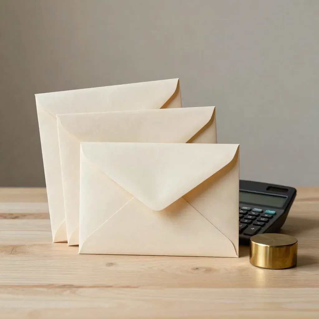 Sealed loan quote envelopes beside a calculator and brass weight on pale oak.