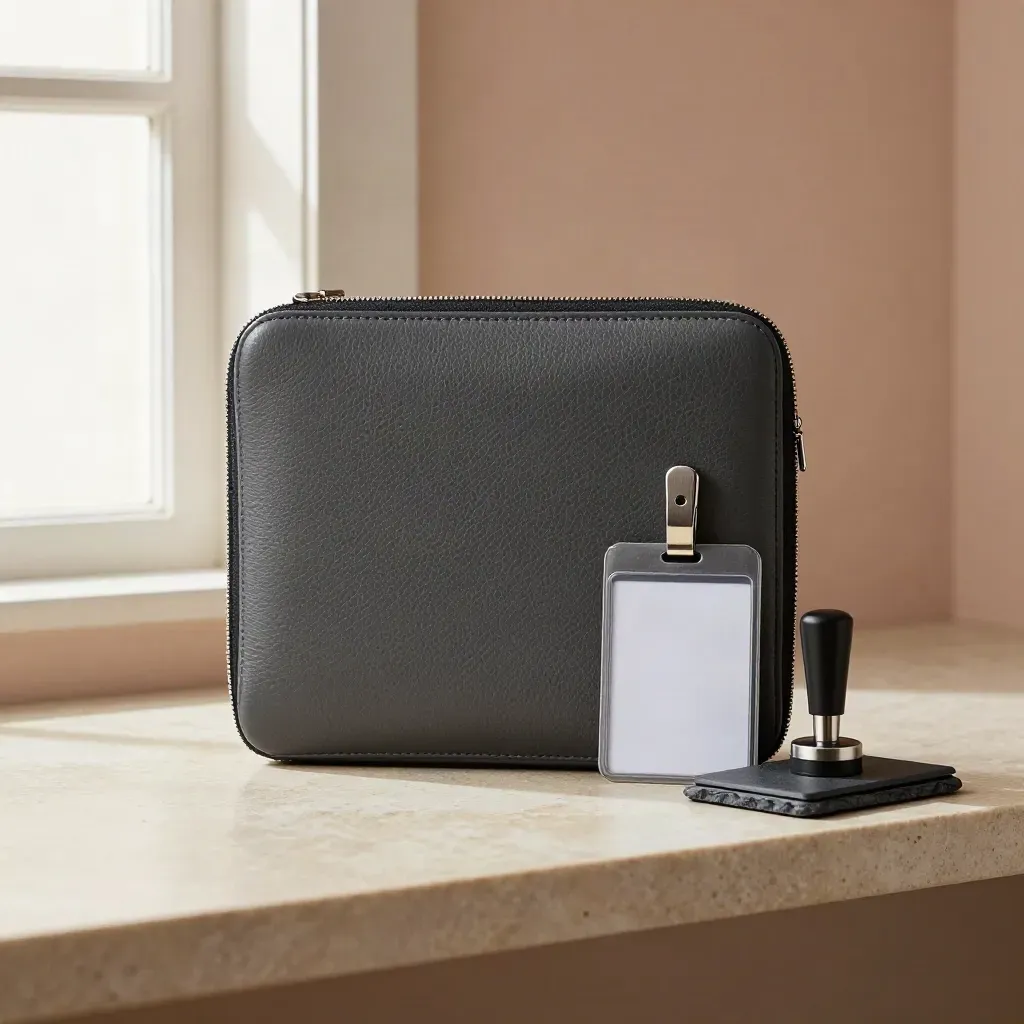 Leather portfolio case with clip, ID sleeve, and stamp pad on a limestone shelf.