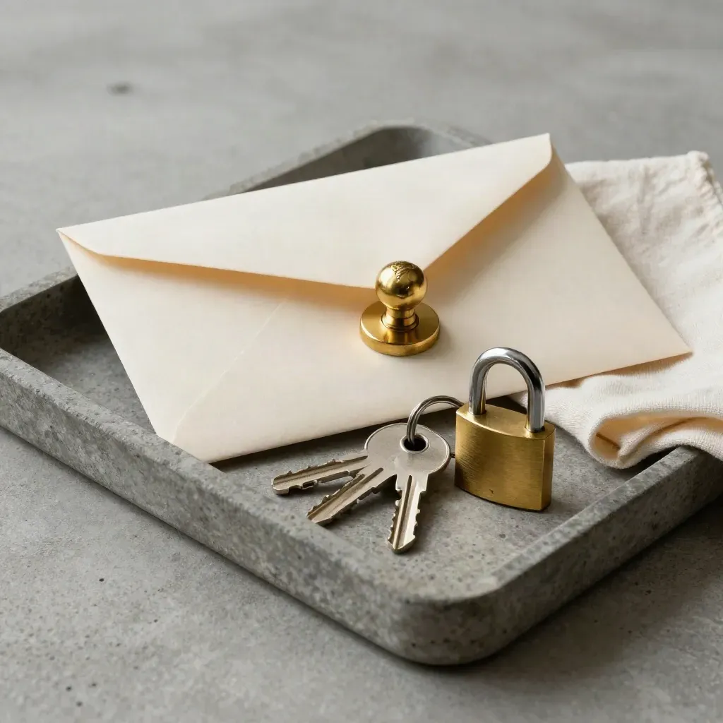 Brass lock, seal stamp, keys and envelope on a felt-lined stone tray