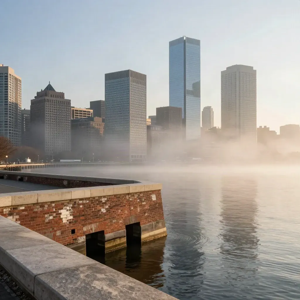 Boston harbor skyline in soft fog with calm water and golden first light
