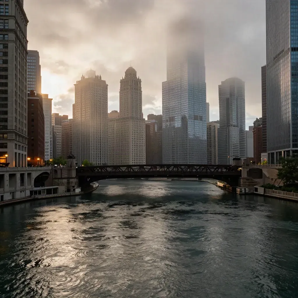 Chicago skyline and river after rain at golden hour, with hazy reflections and open water below