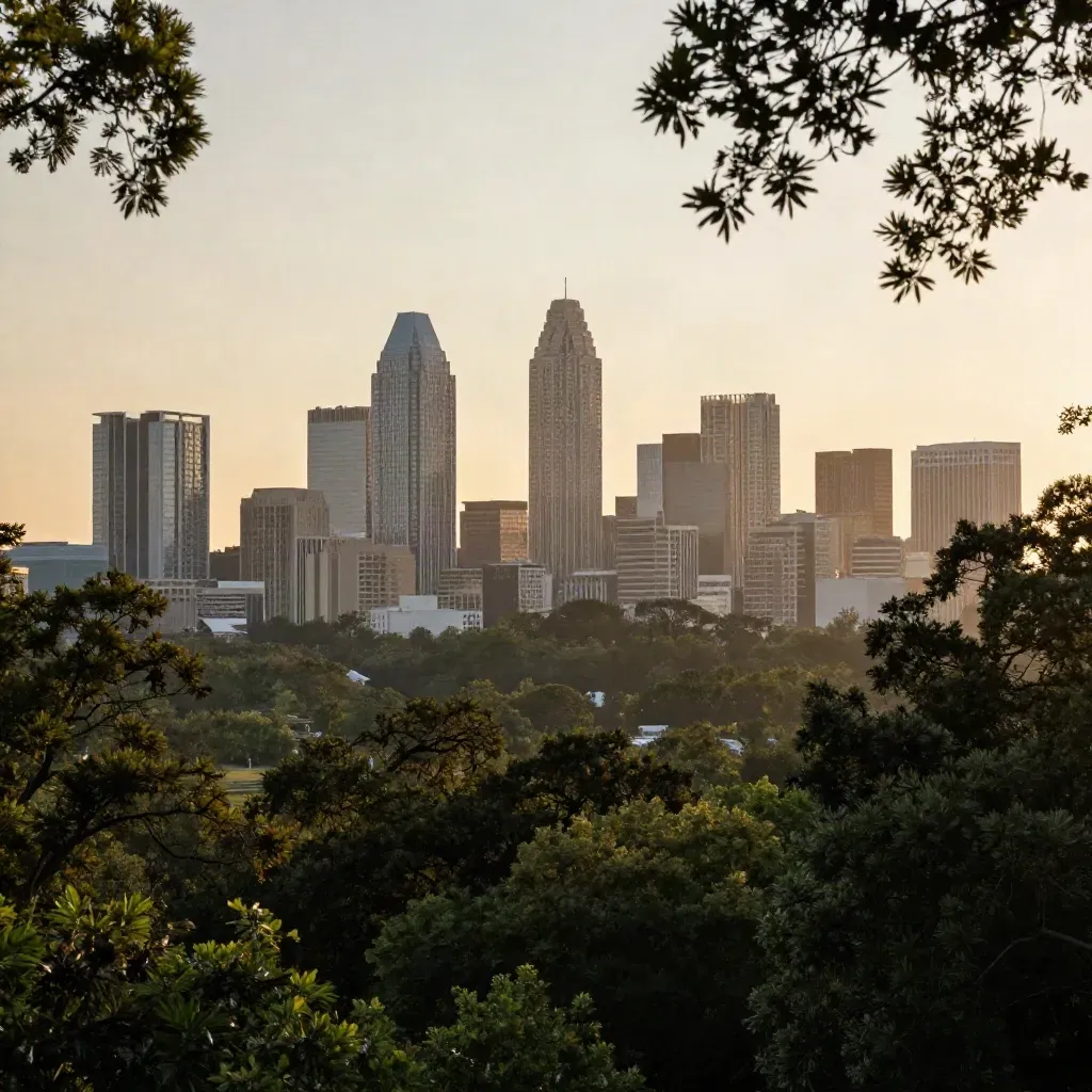 Atlanta skyline above humid trees at sunset, with hazy hills and soft open foreground
