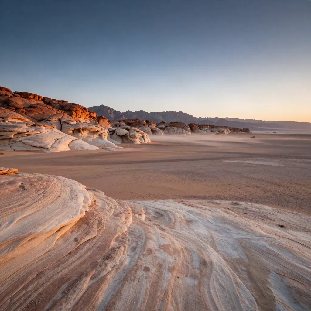 Pale sandstone desert at dawn with distant low mountains and open copy space.