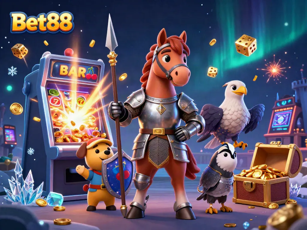 Bet88 trải nghiệm sòng bạc với hiệp sĩ, chó bên cạnh máy đánh bạc nổ thưởng, hoàn hảo cho người chơi.