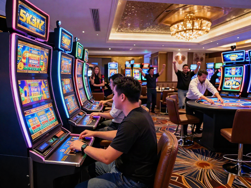 Exciting gambling scene at a slot depo 5k machine in a vibrant casino atmosphere.
