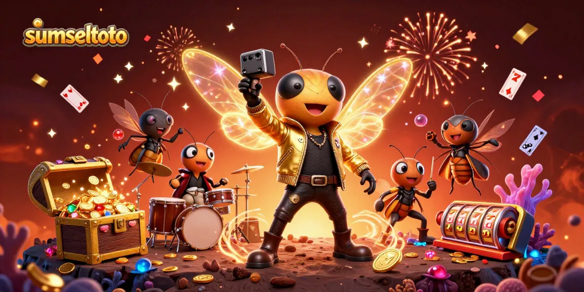 Experience winning with sumseltoto as the cicada rock star and band perform amid floating slot reels and vibrant treasures.