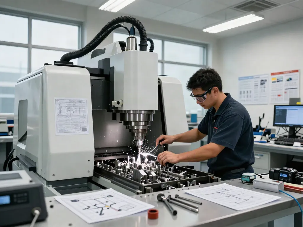 Leading aerospace CNC parts manufacturers at work in a high-tech machining workshop, showcasing precision and craftsmanship.