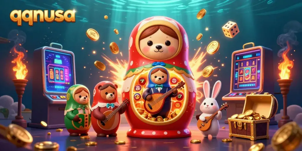 A vibrant scene showcasing qqnusa with a cartoon Matryoshka bear and jackpot symbols, celebrating casino fun.
