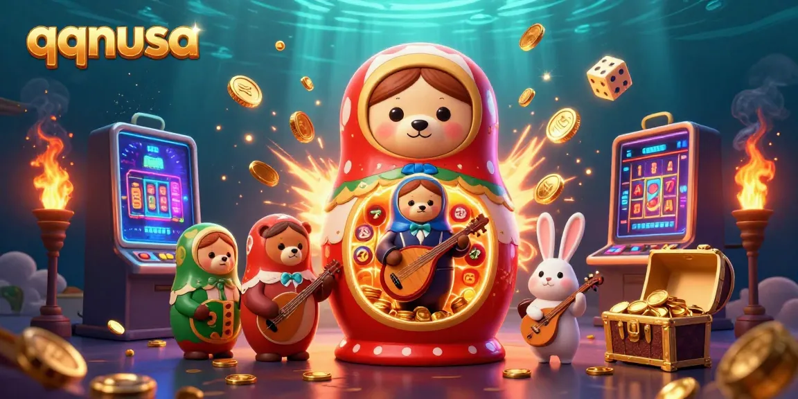 A vibrant scene showcasing qqnusa with a cartoon Matryoshka bear and jackpot symbols, celebrating casino fun.