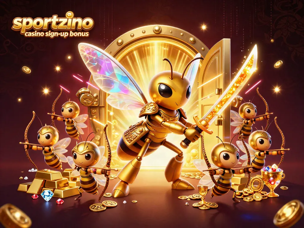 Claim your sportzino casino sign-up bonus with a vibrant and engaging illustration of a giant golden hornet.