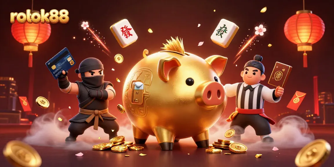 Rokok88 menghadirkan suasana kasino dengan sumo, ninja, dan samurai dalam ilustrasi berwarna-warni.