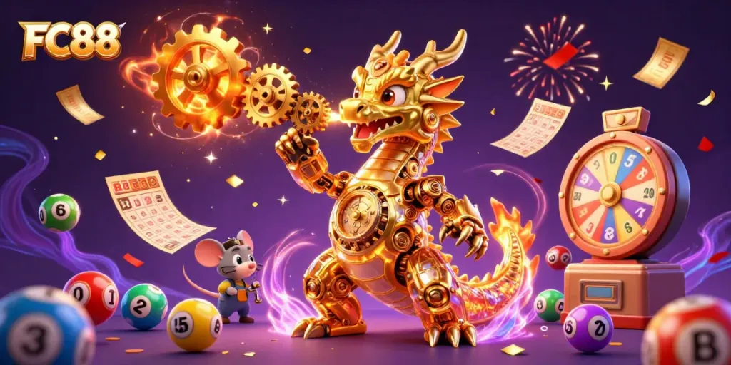 Experience exhilarating gameplay at FC88 with vibrant lottery elements and a stunning dragon backdrop.
