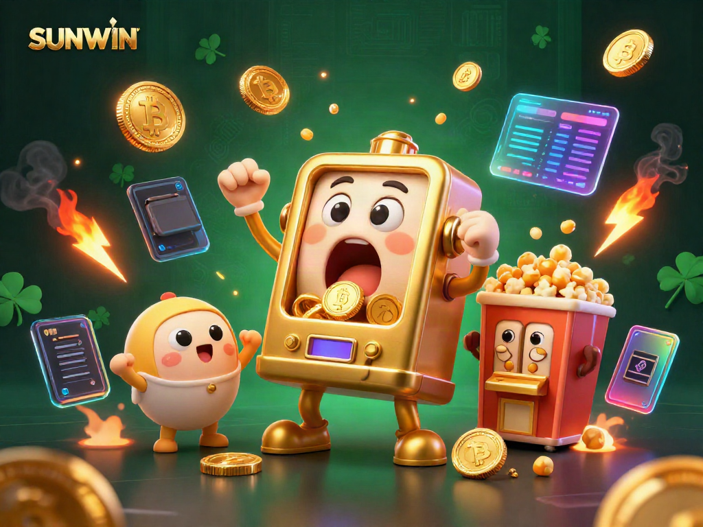 Play a winning slot game at SUNWIN with coins spilling from a joyful slot machine.