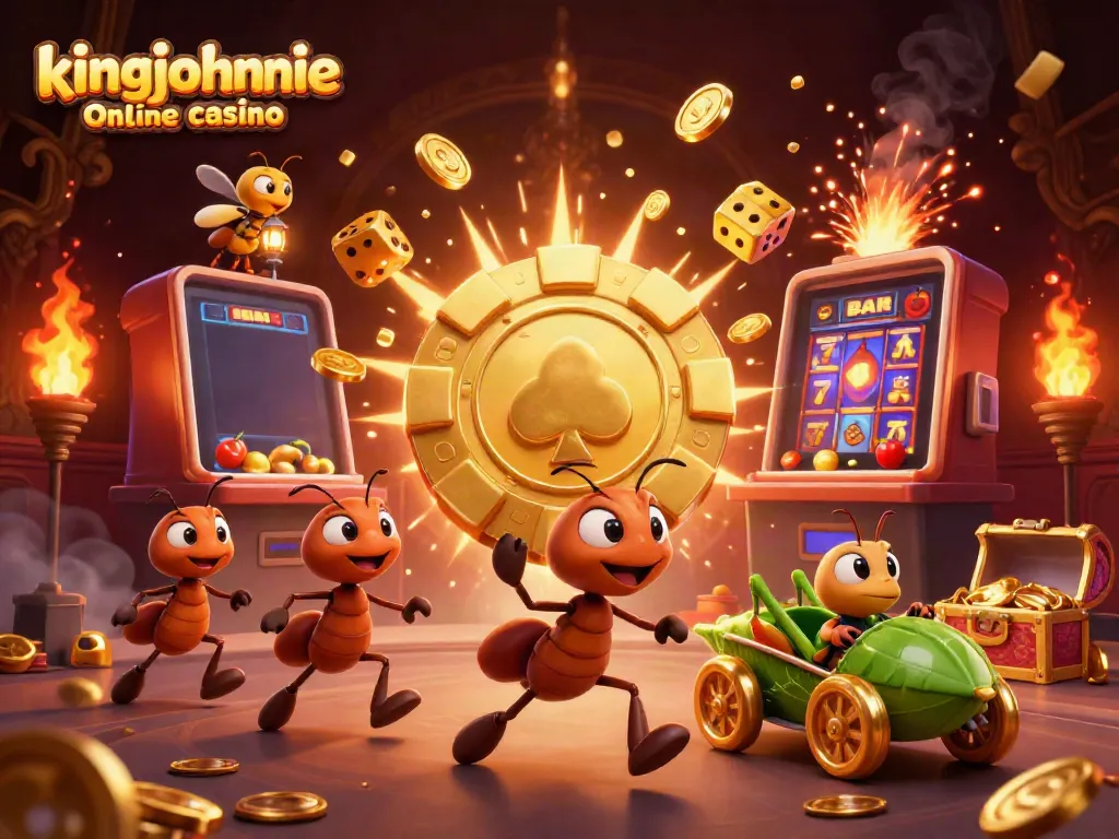 Experience excitement at kingjohnnie online casino with ants carrying a giant poker chip amidst slot machine chaos.