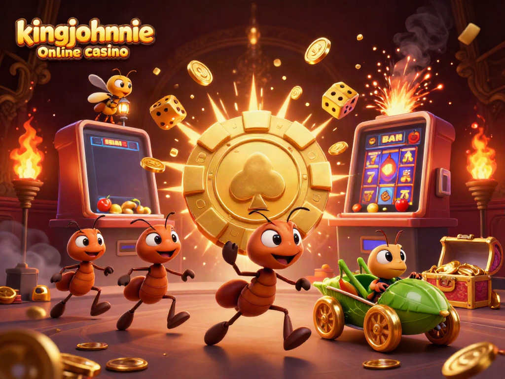 Experience excitement at kingjohnnie online casino with ants carrying a giant poker chip amidst slot machine chaos.