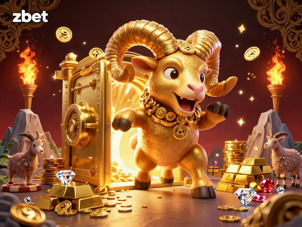 Zbet showcases thrilling gaming with a golden ram charging through a treasure vault, inviting players to win big.