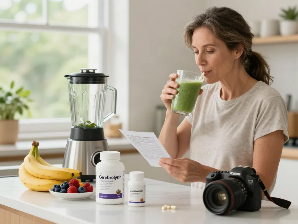 Buy cerebrolysin showcased with fresh fruits and supplements in a bright kitchen.