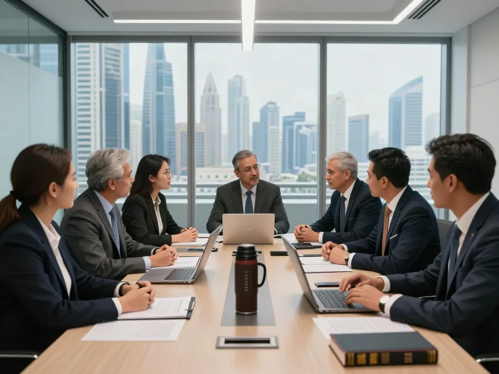 Engaging team of lawyers discussing International Legal Support Dubai in a modern office.