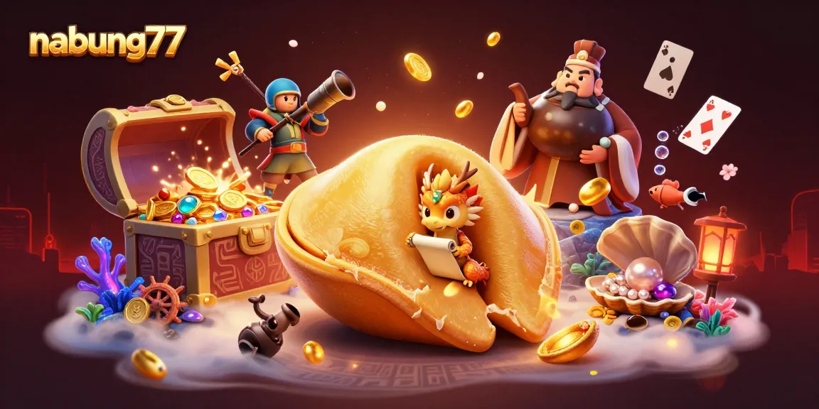 Engage with nabung77 strategies amidst golden treasures and whimsical characters in a vibrant casino scene.