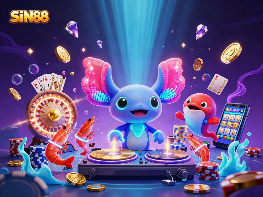 SIN88 slots and jackpots come alive with a vibrant axolotl DJ and dancing sea creatures in an underwater casino extravaganza