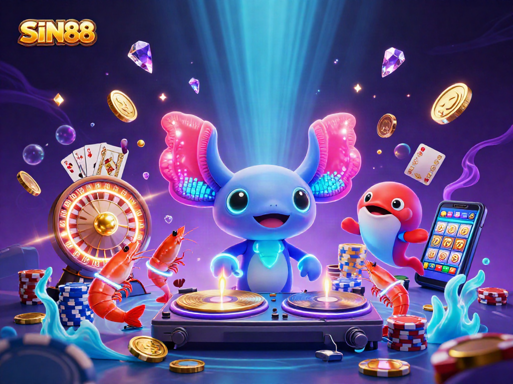 SIN88 slots and jackpots come alive with a vibrant axolotl DJ and dancing sea creatures in an underwater casino extravaganza