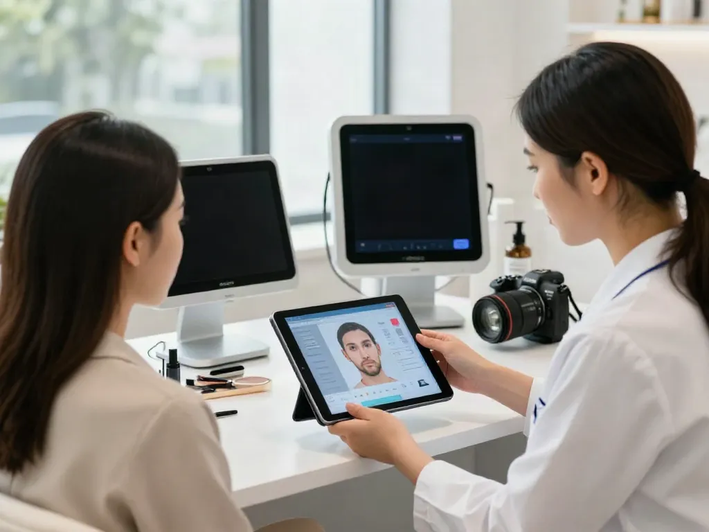 Consultation on alternatives to QOVES digital facial analysis services in a modern salon.
