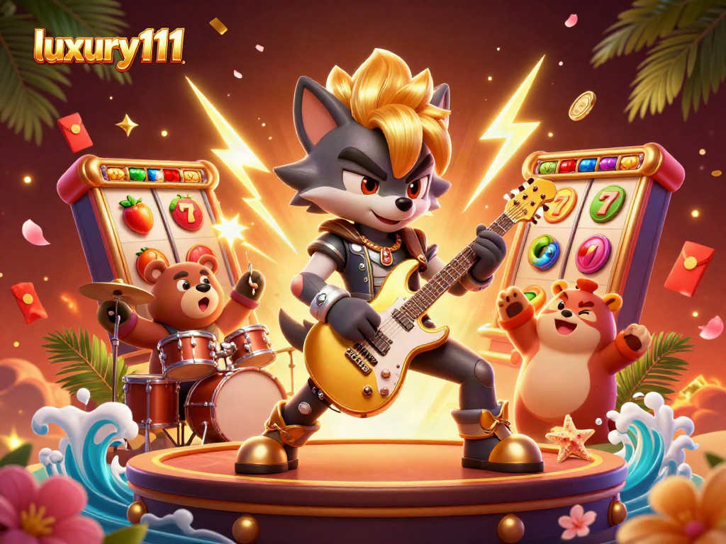 Experience the thrill of luxury111 with this vibrant casino scene featuring a rock star wolf and drummer bear.